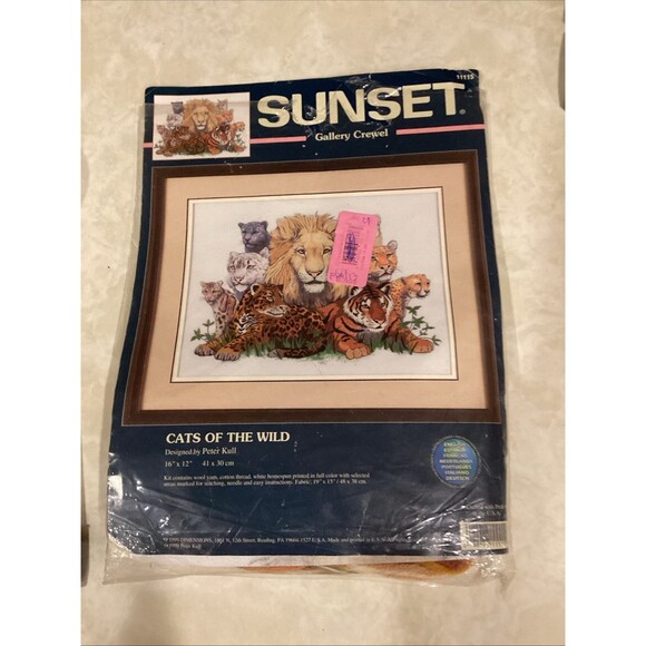 Vtg Sunset Gallery Crewel Kit Cats of the Wild 16x12 NOS 1999 Complete USA - Picture 1 of 4